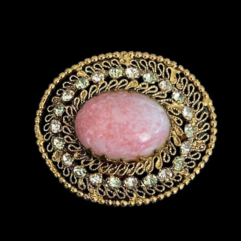 Vtg Beautiful Pink Satin Glass & Rhinestone Made in Austria Brooch Jewelry Pin